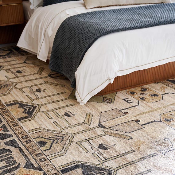 Hand Knotted Taupe Wool Rug 8x10: Tribal Geometric Oushak Carpet