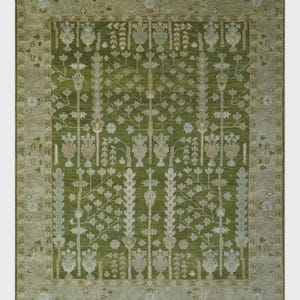 Hand Knotted Wool Rug | Green and Silver Tree of Life Carpet | Traditional Oriental Floral Turkish Oushak Style Area Rug Bedroom Living Room