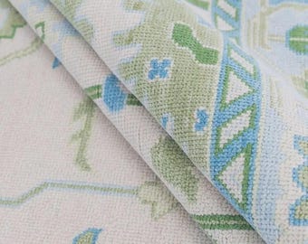 Handgeknoopt wollen oushak-vloerkleed: groen en blauw bloemen, traditioneel oosters tapijt