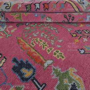 Hand Knotted Oushak Rug Pink Wool Turkish Rug Handmade Vintage Oriental Rug Tree of Life Design Bohemian Floral Oushak Rug Living Room Decor