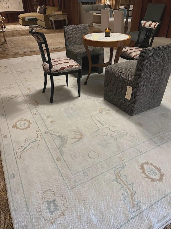 Hand Knotted Wool Oushak Rug 8x10: Ivory Beige Oriental Carpet