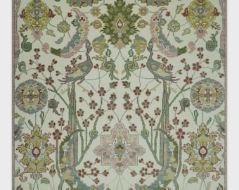 Hand-Knotted Wool Oushak Rug 8x10: Peacock Garden Design