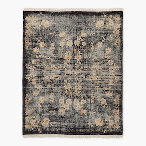 Alfombra Oushak de lana anudada a mano: estilo turco vintage con motivos florales negros