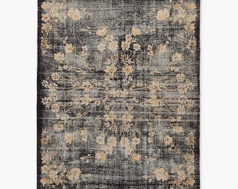 Hand Knotted Wool Oushak Rug: Black Floral Vintage Turkish Style