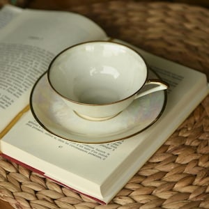 Antique Limoges France Tea Cup & Saucer – T.L.R. Mark, Iridescent Glaze, Gold Trim, French Porcelain