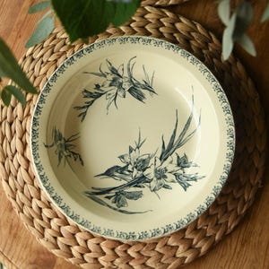 Antique Gien France “Glaïeul” Deep Plate – 19th Century Faience, Black Floral Transferware, Gladiolus Motif