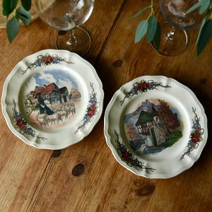 Vintage Sarreguemines Obernai Plates, French Faience Earthenware, Handpainted Village & Countryside Scenes, Collectible Decorative Tableware