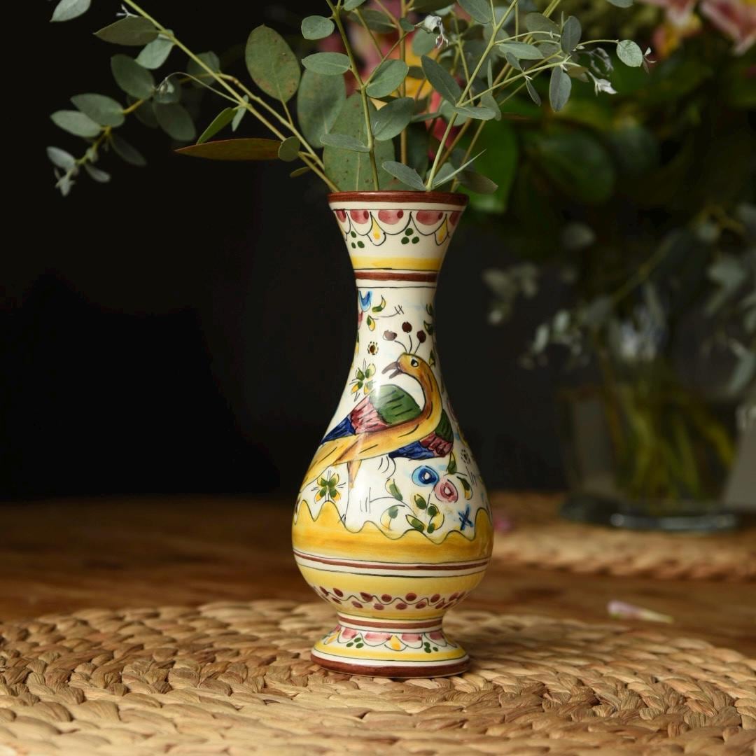 Vintage French Faience Vase With Bird Motif – Hand Painted, Rustic