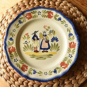 Vintage French Faience Plate, KG France, Breton Folk Art, Handpainted Pottery