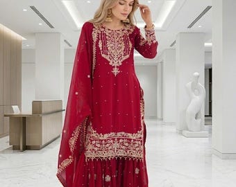 Beautiful Georgette Designer Embroidered with Sequence Work Salwar Kameez With Dupatta, Pakistani Suit, Party Wear sharara, Wedding Suit Set