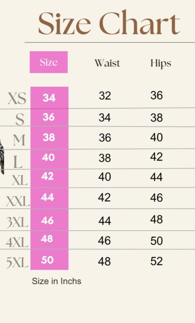 Puede incluir: Una tabla de tallas con el t&iacute;tulo "Size Chart" en fuente marr&oacute;n. La tabla enumera tallas de XS a 5XL, con las medidas correspondientes de cintura y cadera en pulgadas. La tabla est&aacute; sobre un fondo crema.
