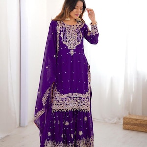 Belle création en georgette brodée avec travail en séquence Salwar Kameez avec Dupatta, costume pakistanais, tenue de soirée sharara, ensemble de costume de mariage