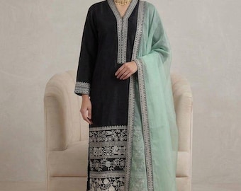 美しいデザイナーロング丈サルワールカミーズ（ドゥパッタ付き）、パーティウェアパラッツォスーツ、インドパラッツォ、ウェディングシークエンススーツ、インドパラッツォ
