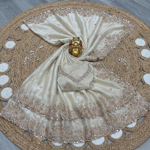 Hermoso sari de boda con cuentas doradas y blusa sin coser, sari de festival, sari de fiesta, sari de boda, sari elegante, sari elegante