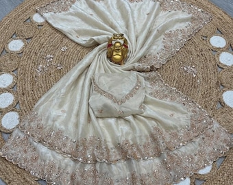 Beau sari de travail avec perles d'or de mariage avec chemisier à découdre, sari de festival, sari pour tenue de fête, sari de mariage, sari élégant, sari fantaisie