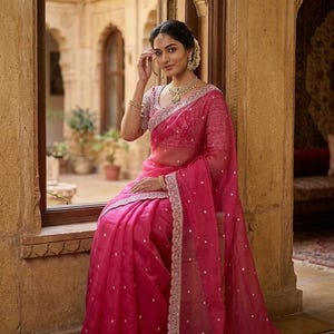 Op de afbeelding: Een vrouw draagt een felroze sari met ingewikkelde borduursels en een delicate, transparante overlay. De sari heeft een gedetailleerde rand en is versierd met kleine, sprankelende versieringen. De vrouw draagt gouden sieraden, waaronder een ketting, oorbellen en armbanden.
