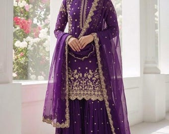 Salwar Kameez in georgette di stilista pakistano, dupatta ricamata, abito palazzo da cerimonia