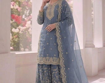 Pakistani Designer Soft Silk Embroidered with Sequence Work Salwar Kameez With Dupatta, Pakistani Sharara Suit, Party Wear, Wedding Suits