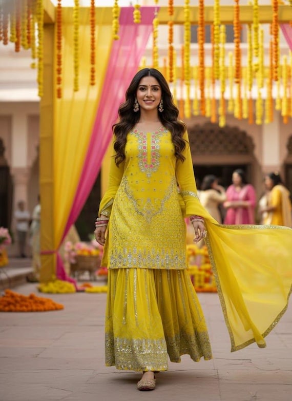 Beautiful Georgette Designer Embroidered with Sequence Work Salwar Kameez With Dupatta, Pakistani Suit, sharara for women