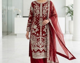 赤い刺繍のサルワール・カミーズ、シークエンスワークのパキスタンスーツ