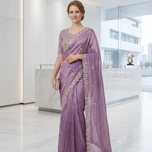 Hermoso sari de seda suave de diseñador para boda india con blusa de trabajo secuencial, sari festivo, sari para fiesta, sari de boda, sari elegante