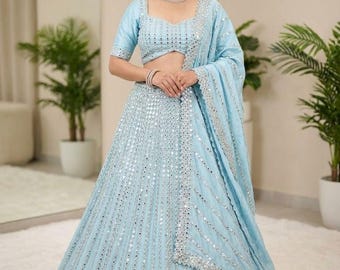 ランゴリシルクのレヘンガチョリ、刺繍ミラーワーク、インドの結婚式衣装
