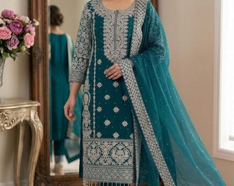 Conjunto de salwar kameez de georgette sintético bordado, palazzo para boda india, tallas grandes para mujer (S-5XL)