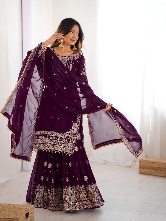 Beautiful Georgette Designer Embroidered with Sequence Work Salwar Kameez With Dupatta, Pakistani Suit, Party Wear sharara, Wedding Suit Set