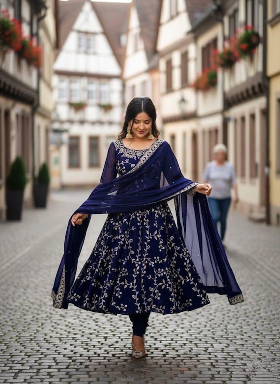 anarkali dress stitching designs Designer 3 Pc Embroidered With Sequence Work Gown With Dupatta, Anarkali Gown, Georgette Gown, Full Flared Gown, Women Dresses simple anarkali design Short Sleeves Bardot Striped cream mini dress Color:Allure