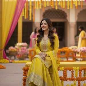 Pu&ograve; includere: Una donna indossa un salwar kameez giallo brillante, un abito tradizionale del sud asiatico, con ricami intricati. L'abito comprende una tunica a maniche lunghe, pantaloni a gamba larga e una sciarpa abbinata. Lo sfondo presenta decorazioni floreali e drappeggi colorati.