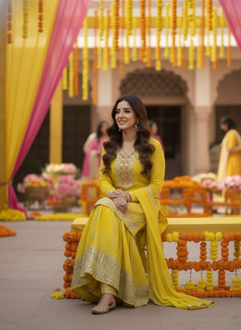 Pu&ograve; includere: Una donna indossa un salwar kameez giallo brillante, un abito tradizionale del sud asiatico, con ricami intricati. L'abito comprende una tunica a maniche lunghe, pantaloni a gamba larga e una sciarpa abbinata. Lo sfondo presenta decorazioni floreali e drappeggi colorati.