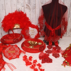 Luxury Red Henna Night Set - Hennanacht Set - Personalized Bridal & Bridesmaid Tambourine - Bridal Veil Belt Gloves - Kına Gecesi Seti