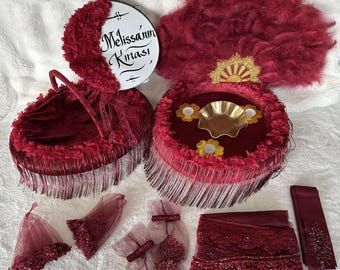 Burgundy Henna Night Set – Hennanacht Set - Kına Gecesi Seti,  Personalized Tambourine, Veil, Fan & Tray, kina gecesi