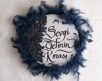 Personalized Henna Night Tambourine – Navy Bridal Tef - Hennanact - Kına Gecesi Tefi - Gelin Tefi