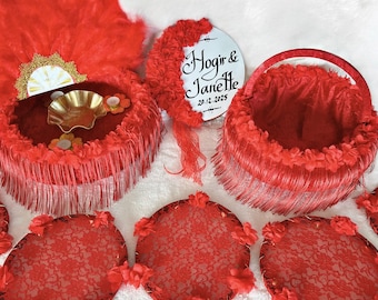 Personalized Red Henna Night Set – Hennanacht Set, Kına Gecesi Seti, Personalized Bridal Tambourine, Fan, Tray & Basket