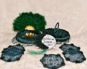 Green Henna Night Set - Hennanacht Set - Coffret De Nuit Au Henné - Kına Gecesi Seti - Handmade Personalized Tambourine, Bridal Fan & Basket
