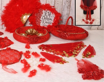 Personalized Henna Night Set - Hennanacht Set - Kına Gecesi Seti, Handmade Wedding Set With Tambourines, Basket&Tray, Bridal Fan, Veil Set