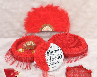 Personalized Henna Night Set - Hennanacht - Kına Gecesi Seti, Handmade Wedding Set, Red Tray & Basket, Fan, Customizable Henna Night Favors