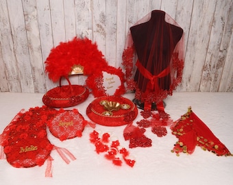 Complete Henna Night Set - Hennanacht Set - Kına Gecesi Seti - Handmade Wedding Set With Tambourines, Basket & Tray, Fan, Veil, Kina Gecesi