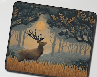 Desk Mat Woodland Stag & Moon — Forest Teal Ochre Nightscape