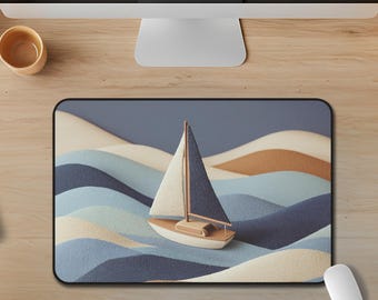 Sailboat Waves Desk Mat: Coastal Office Decor, Non-Slip Mouse Pad
