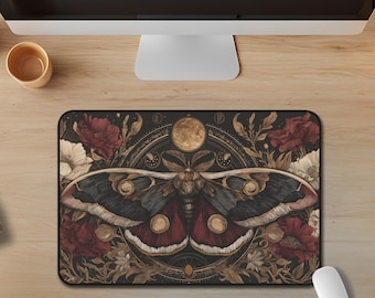 Desk Mat Celestial Moth & Moon Phases — Botanical Black Gold Burgundy