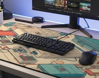 Desk Mat Retro Consoles & Controllers — Isometric Cream Teal Coral