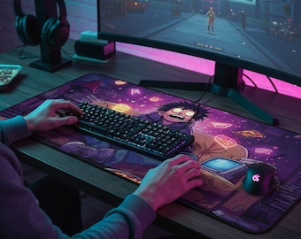 Desk Mat Neon Gamer Couch — Pizza Night Purple Blue