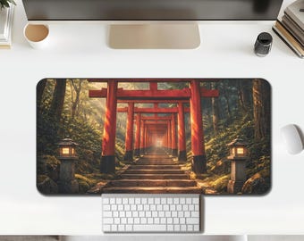 Red Torii Gate Forest Path Desk Mat, Fushimi Inari Shrine Mouse Pad