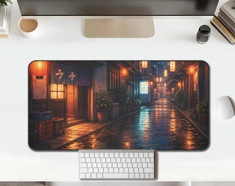 Rainy Japanese Alley Desk Mat, Night Rain Reflection Large Mouse Pad, Moody Tokyo Pad