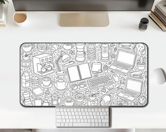 Desk Mat, Café Tech Doodle — Black & White Workspace Pattern