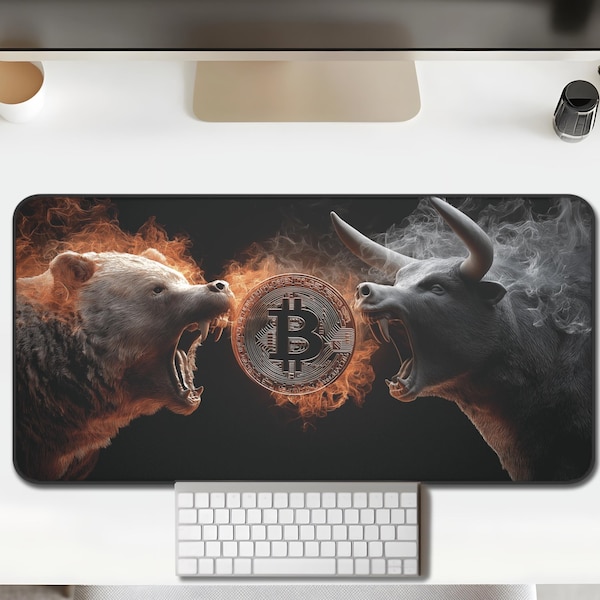 Desk Mat Bitcoin Bull vs Bear — Smoke Glow on Black