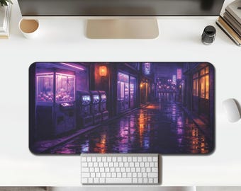 Neon Japanese Arcade Desk Mat, Purple Cyberpunk Alley Large Mouse Pad, Retro Gaming Pad