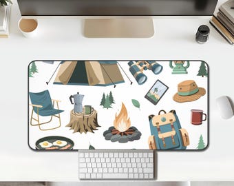 Desk Mat: Outdoor Camping Icons Pattern (Green and Tan)